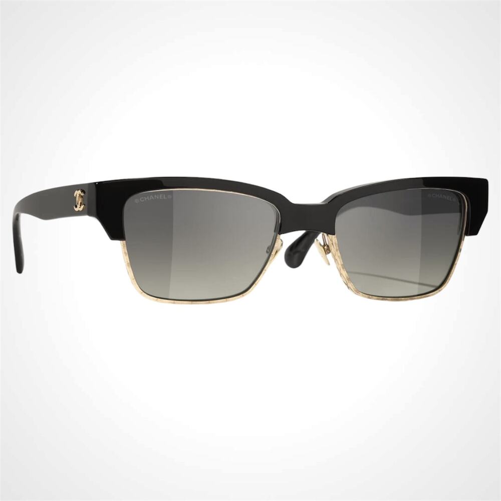 New CHANEL Sunglasses Black Gold Cat Eye Square Metal Acetate Quilted Womens